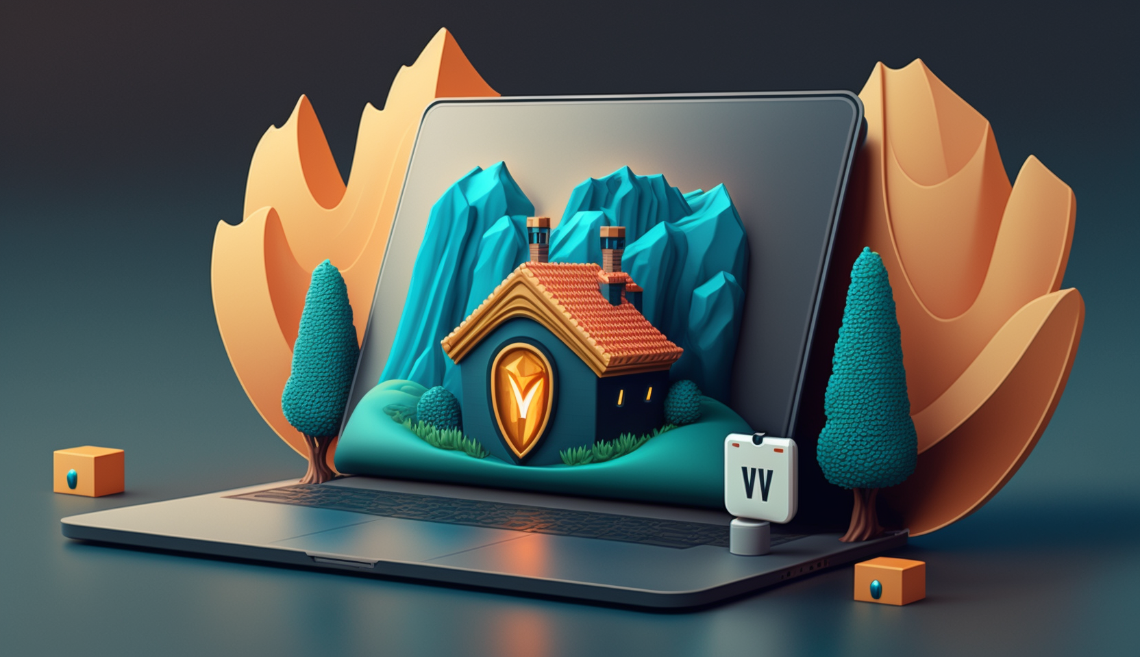 A 3D animated image depicting a secure tunnel connecting a remote worker's laptop to a company building, symbolizing the VPN connection. A shield icon hovers above the tunnel, representing security and resilience.