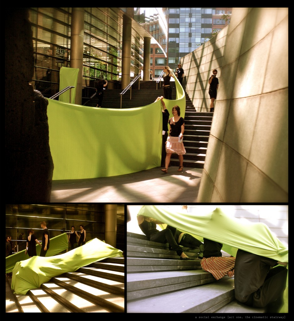 In these three images, Kim Walker's performers use a long chartreuse swath of fabric to drape and cover themselves and the underused surfaces of Exchange Square, London.