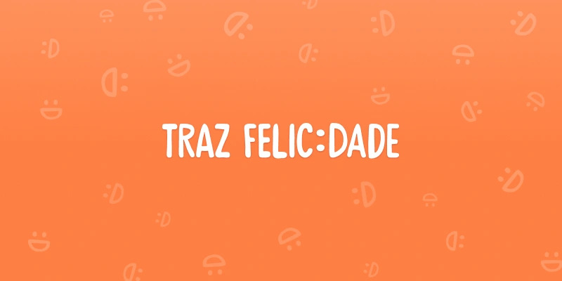 Traz Felicidade's logo on an orange background with a emoji-like smile pattern.
