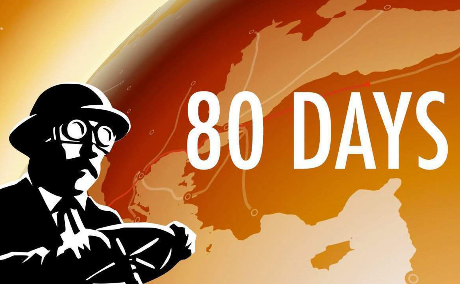 black and white illustration of a man with mustache against an orange world map with the words 80 days