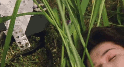 An animated gif of a scene from the film 'Unagi' showing Keiko (played by Misa Shimizu) passed out on a grassy hill. Takuro is checking on her condition.