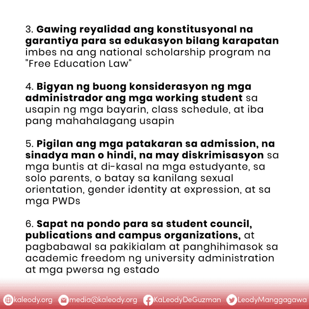 Points 3-6 of Ka Leody's Education Agenda for the Students' Sector