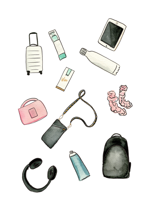 watercolor illustration of travel essentials