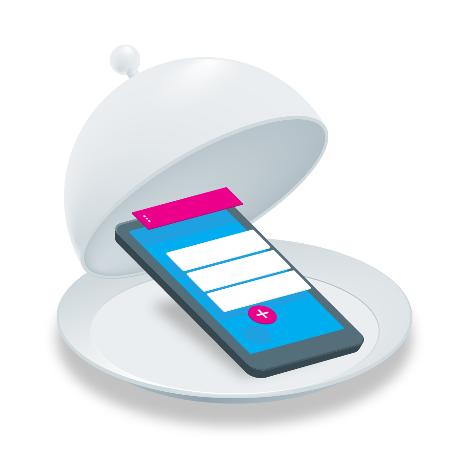 Illustration of a smartphone being being presented on a silver platter with interface elements jumping out of the screen