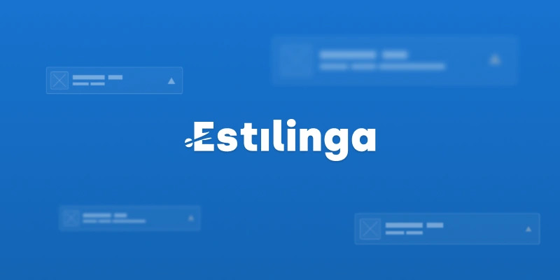 Estilinga's logo on a blue background with blurred interface components around