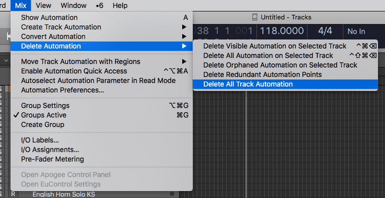 menu option to delete automation in logic pro x