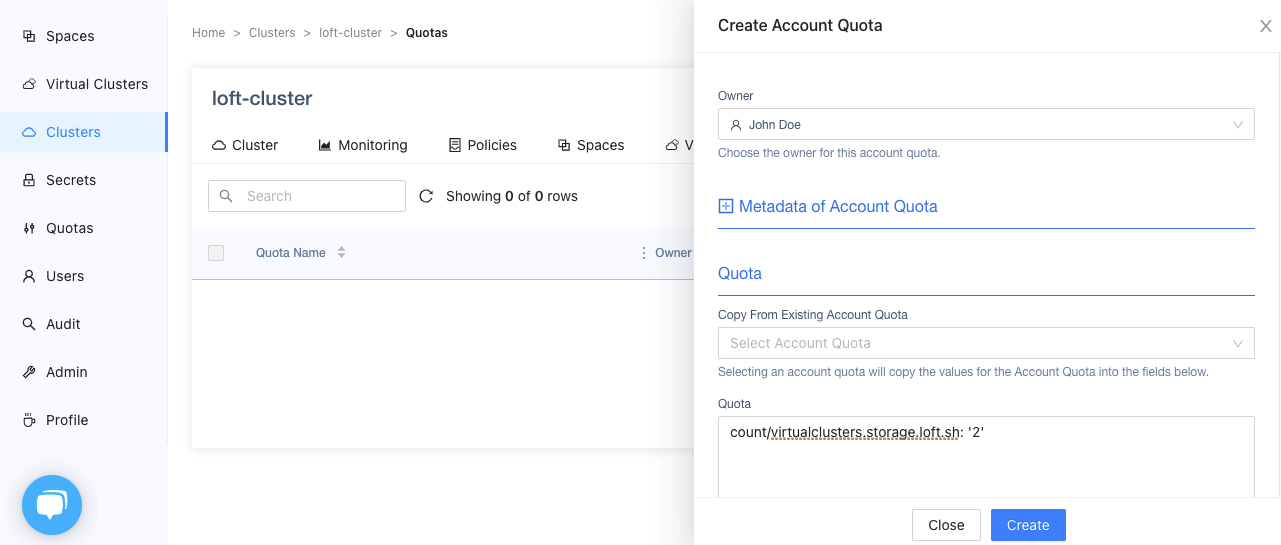 Create a vcluster Quota
