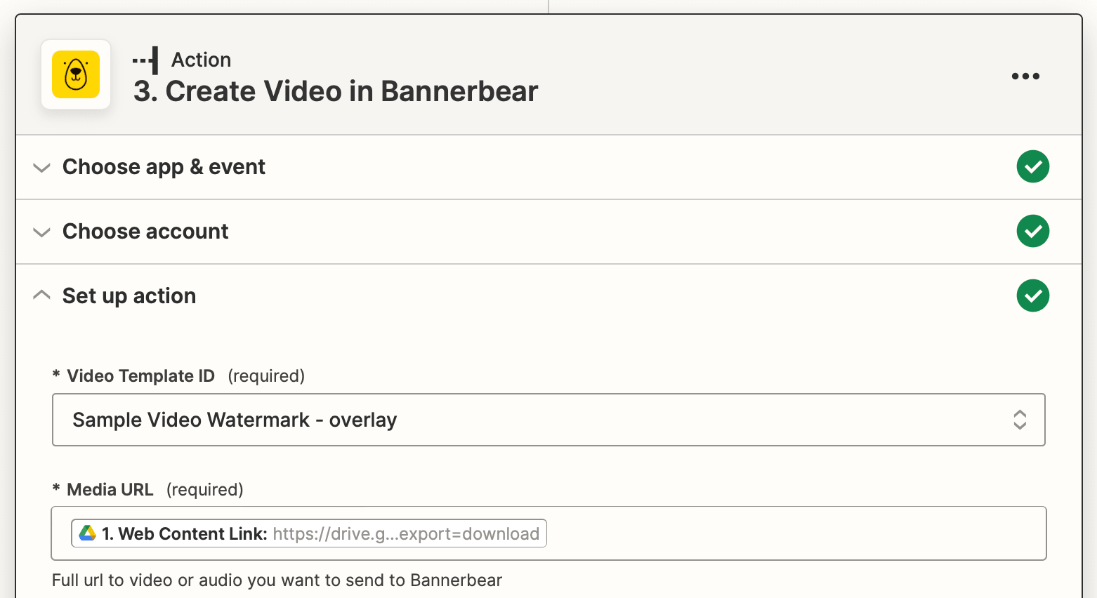 Screenshot of Zapier Bannerbear create video action setup