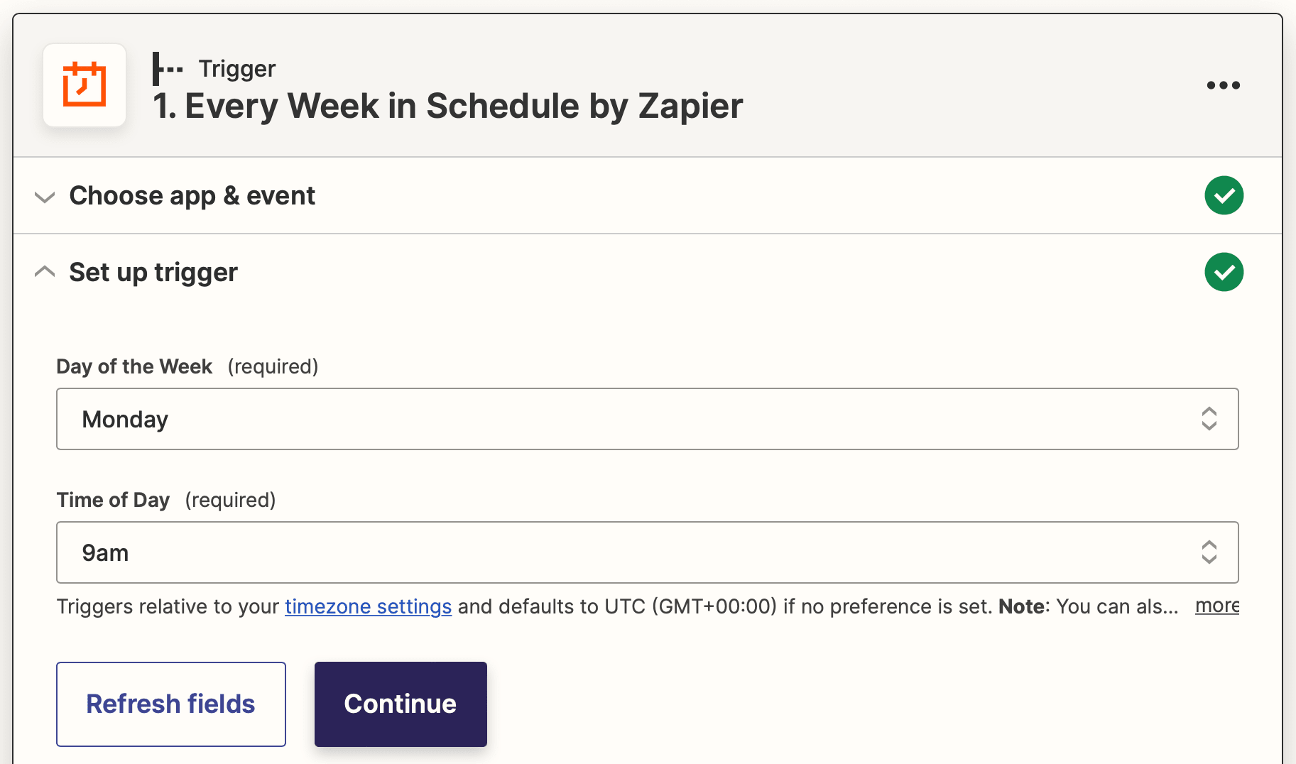 Screenshot of Zapier every week in schedule trigger setup