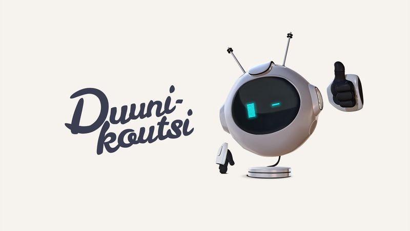 The Duunikoutsi logo and the mascot giving a thumbs-up