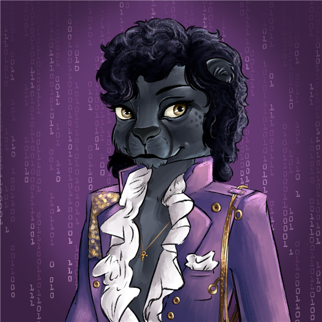 An NFT image of a female cheetah with black fur and purple suit inspired by Prince with purple Matrix-style code background.