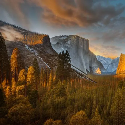 A gloomy National Geographic photograph of Yosemite mountain scenery full of trees, forest, photorealistic, golden hour, sunny, warm, summer