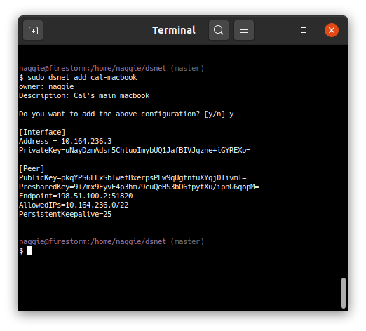 dsnet add command and generated config. Note the questions are echoed to stderr such that redirecting the output to a file will omit the questions.