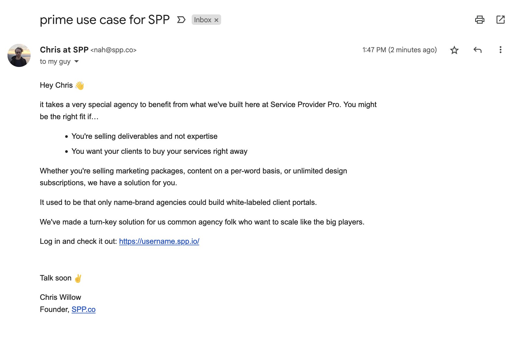SaaS Plain Text Emails: Screenshot of SPP's plain text email