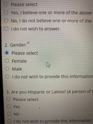 A screenshot of a website form which has "2. Gender" and radio options for "Please select", "Female", "Male", "I do not wish to provide this information"