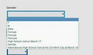 A screenshot of a web form with a field for "Gender" and select options for "F", "M", "Male", "Female", "Famale", "Felmale", "High School visit on March 17", "Gender", "International High School Visit at Ho Chi Minh City at March 19"