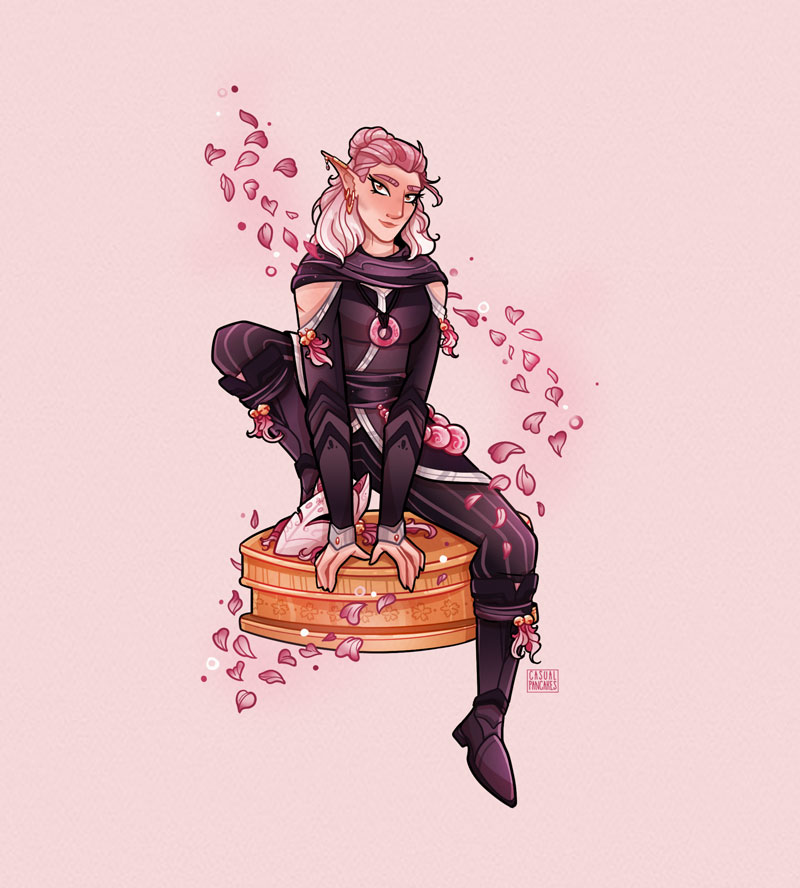 Portrait-character-design-example,-a-elven-rogue-surrounded-by-falling-sakura-petals
