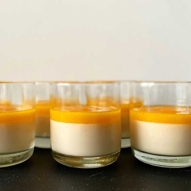 Vegan coconut panna cotta with a mango, passion fruit, and habanero topping. Used agar agar powder as the gelatin in these, I’ve never made panna cotta…