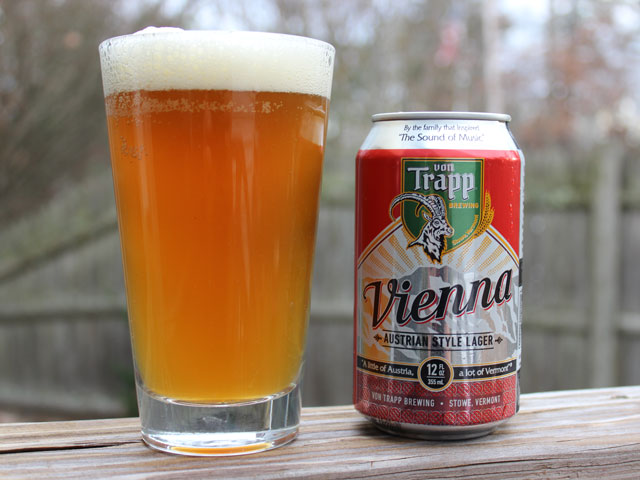A pint of Von Trapp Vienna poured into a Pint Glass