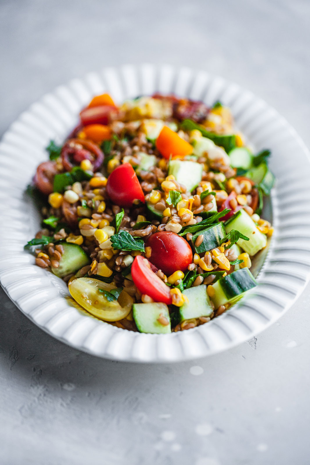 Skillet Corn With Farro Salad Olive & Mango