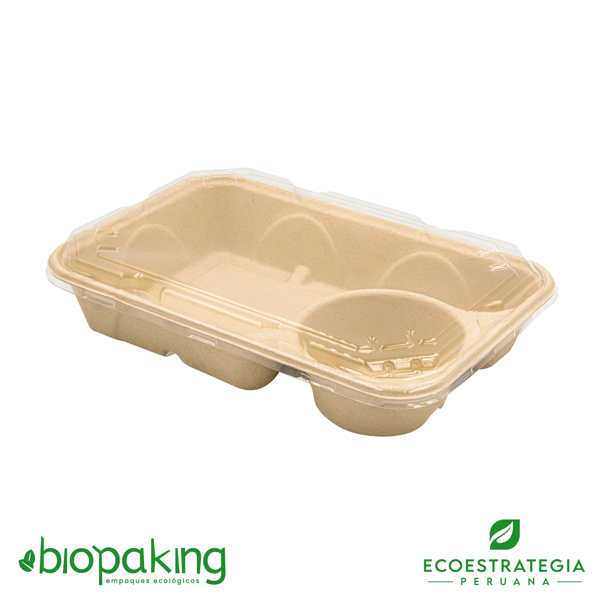 Esta bandeja biodegradable de 2 divisiones es a base de fibra de trigo. Envases descartables con gramaje ideal, cotiza tus empaques, platos y tapers ecológicos