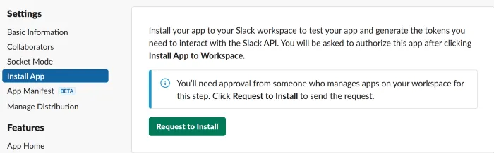 Slack — Request or Install application to workspace