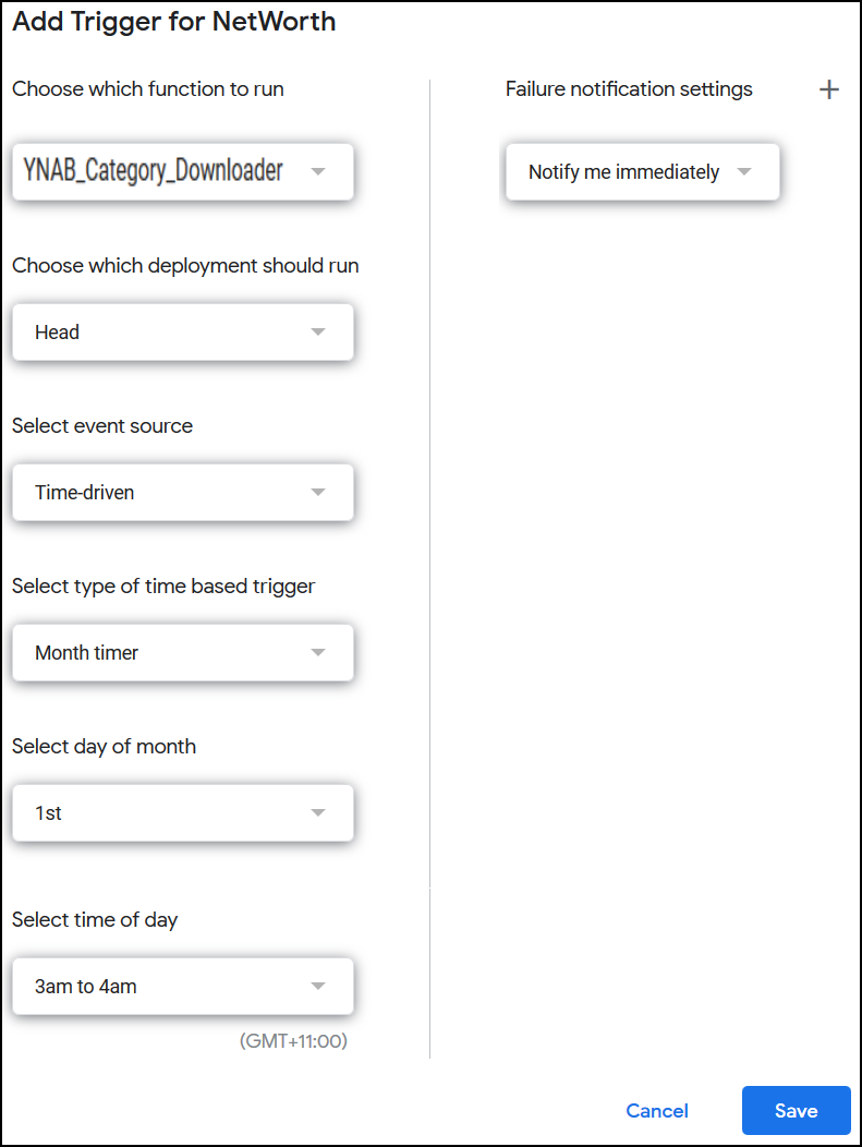 Select YNAB_Category_Downloader, Head, Time-driven, Month timer, 1st, 3am to 4am, Notify me immediately, Save