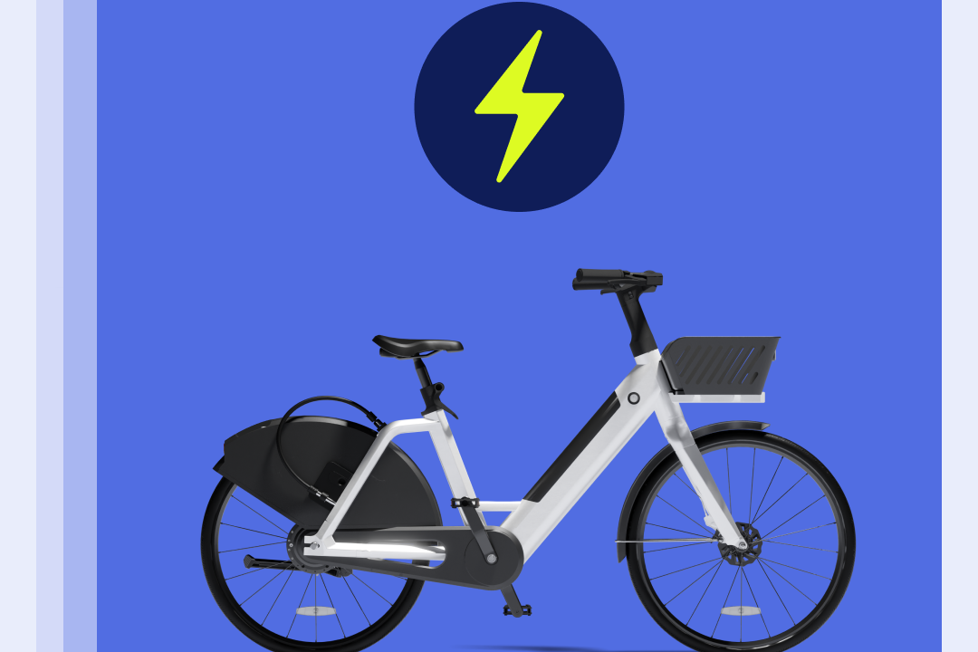E-bike render animation in purple blue background with an electric light symbol above.