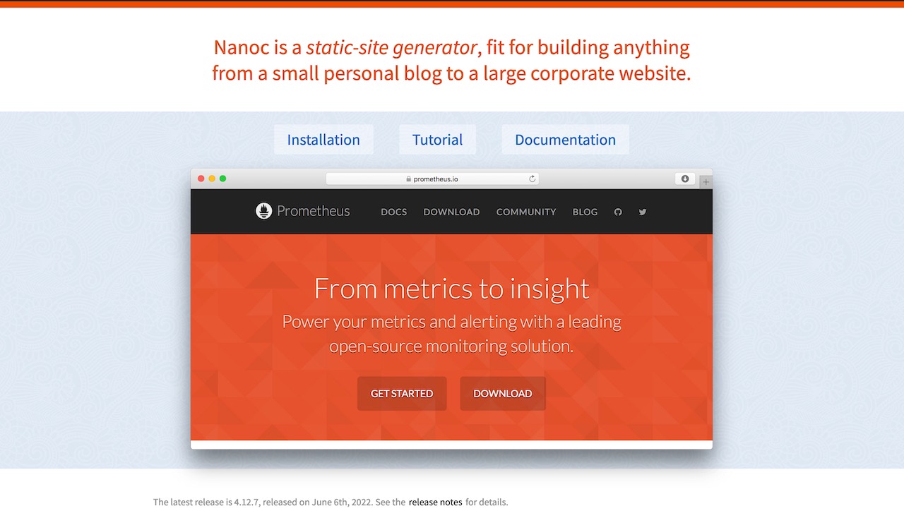 Screenshot of the Nanoc website