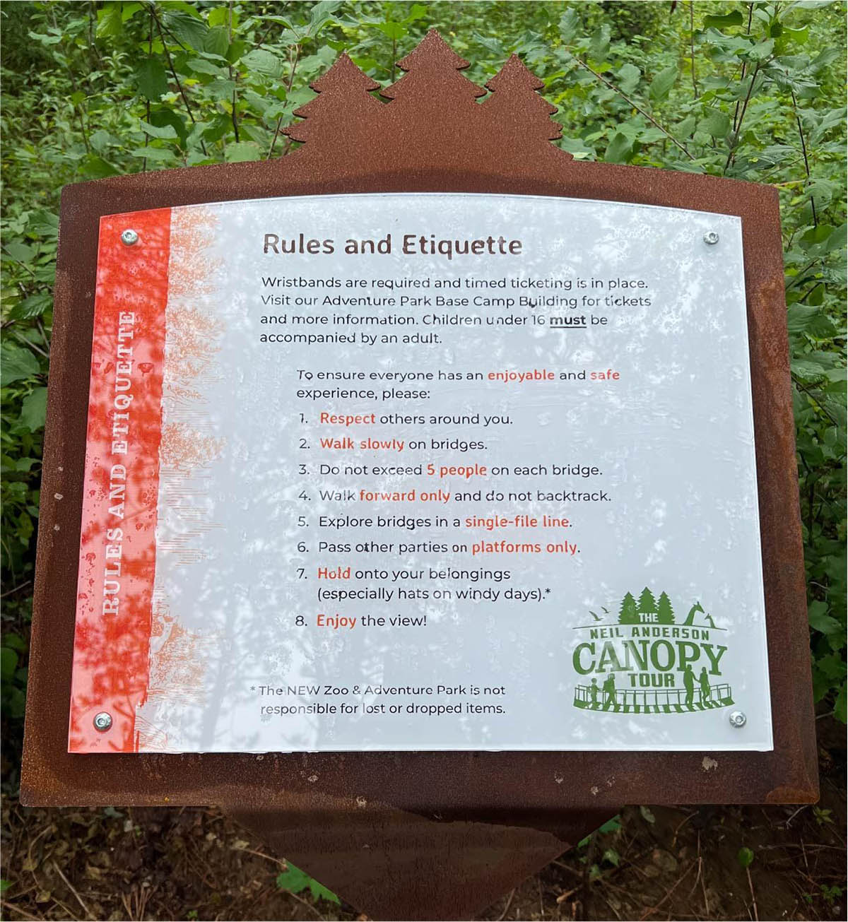 NEW Zoo Canopy Tour Rules and Etiquette sign