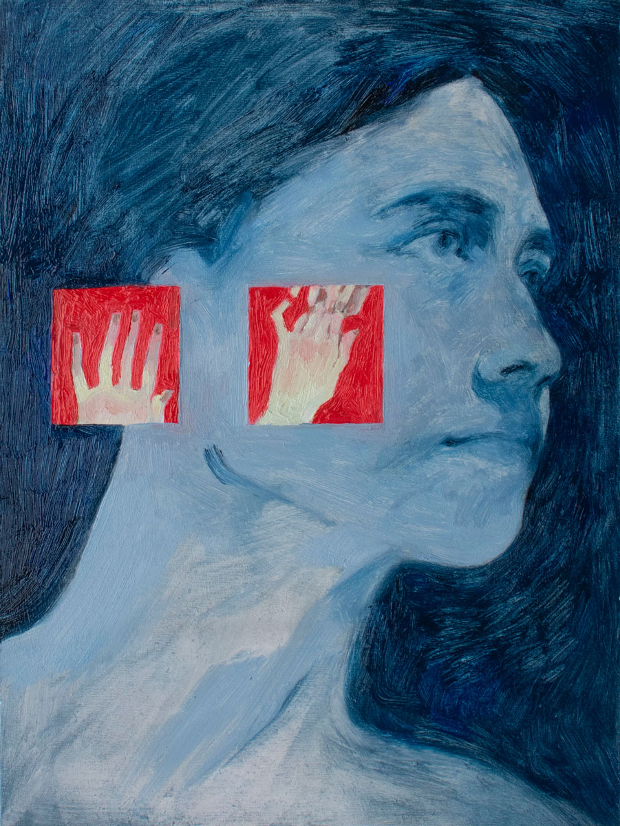 Portrait of the neck and shoulders of a young person in blue, with two small frames in red showing hands reaching towards eachother
