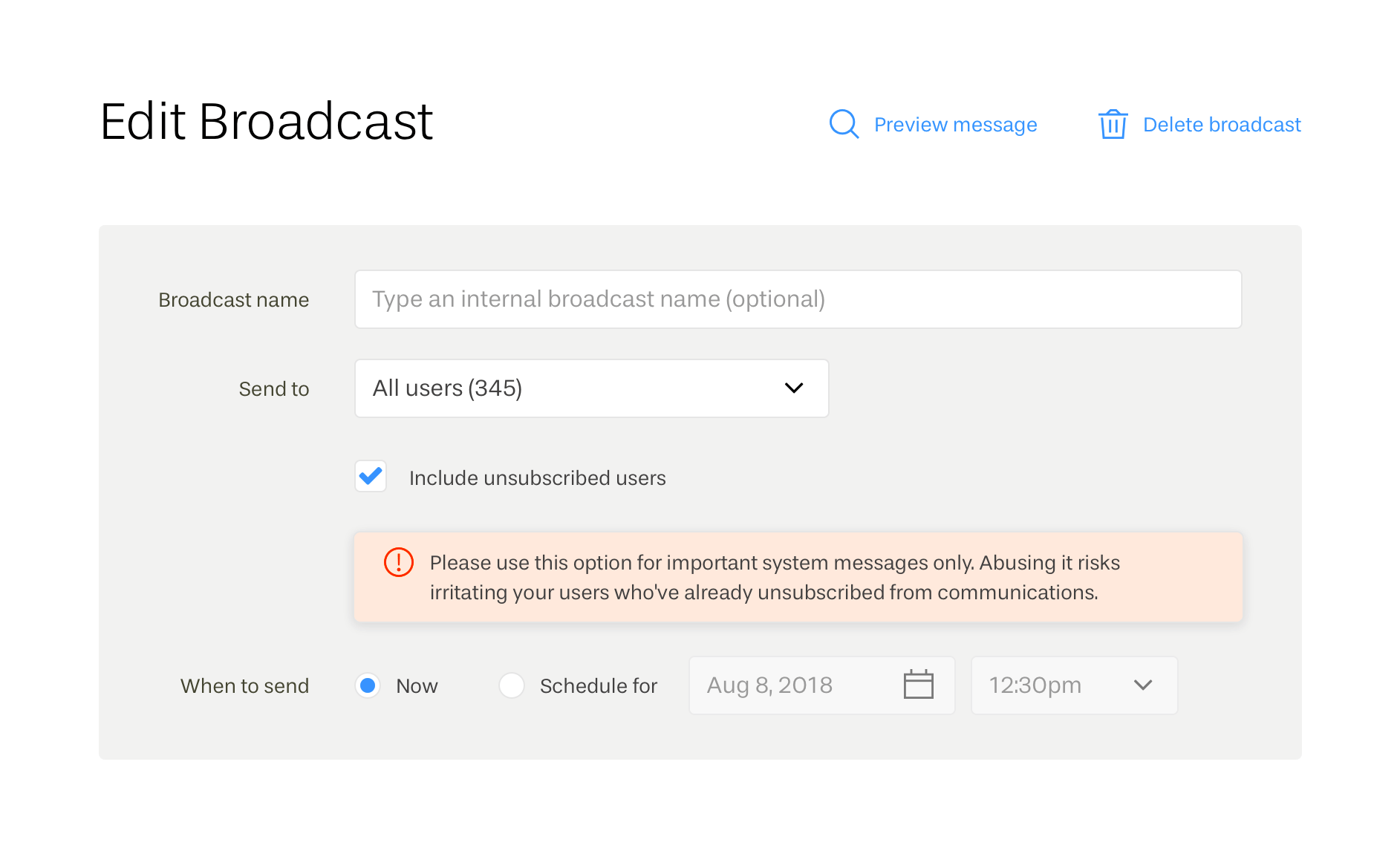 Screenshot of editing broadcast settings to include unsubscribed users