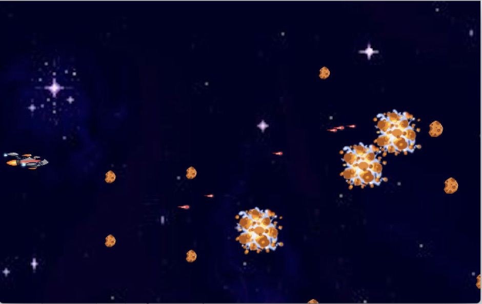 Video game spaceship on left shooting at burning asteroids on right with starry space in background
