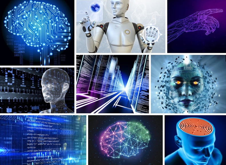 A collage of stock photos and illustrations used to visualise AI, including a wired brain, robots and cyborgs