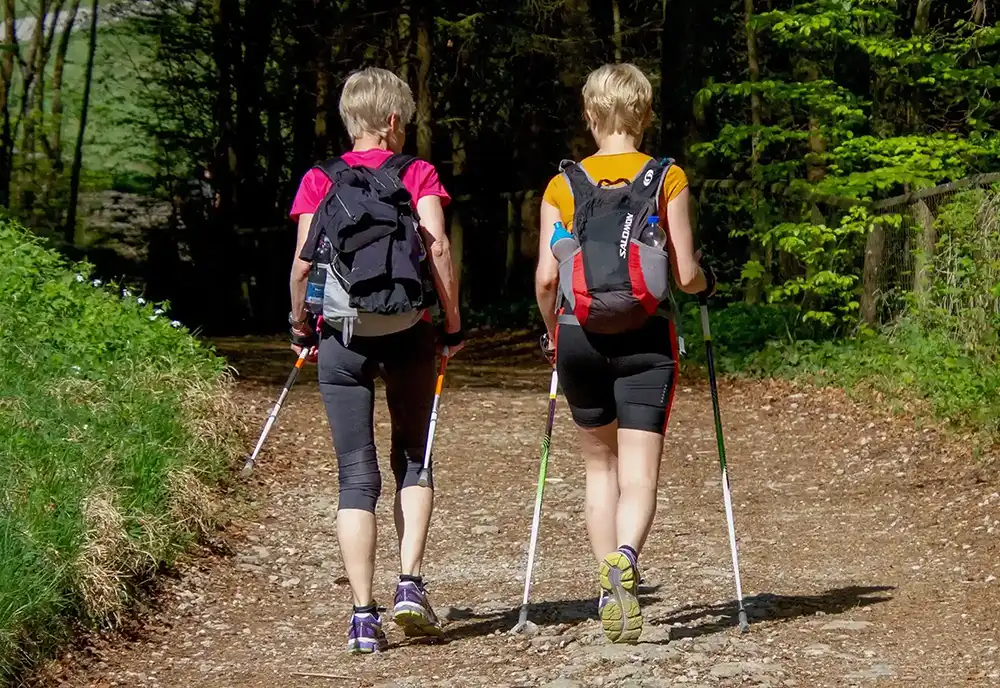 2 women Nordic walking on a forrest trail