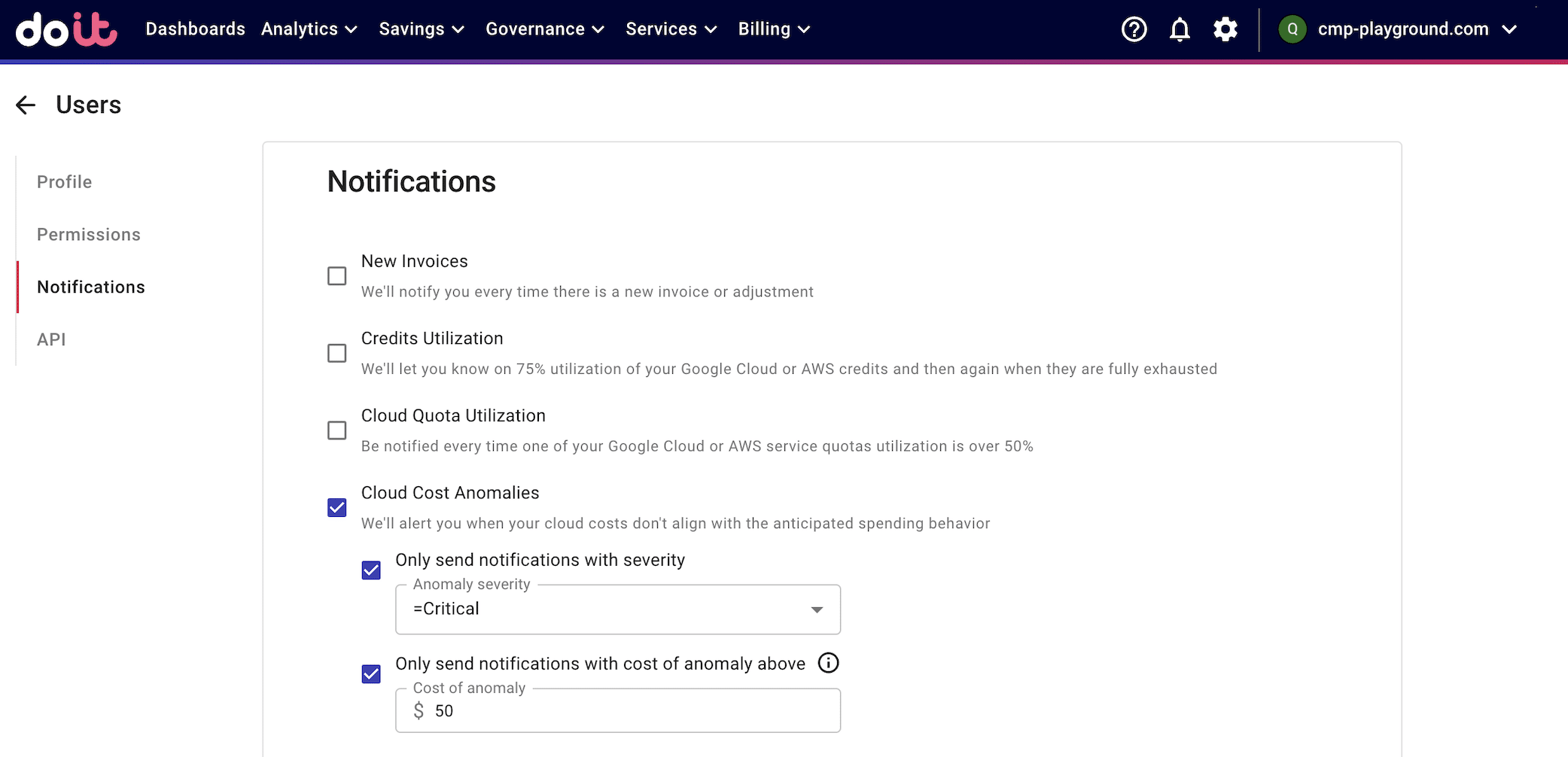 The Notifications screen with Cloud Cost Anomalies selected