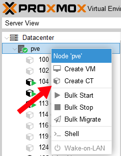 Screenshot of Proxmox context menu for pve node with an arrow pointing to 'Create CT' menu option