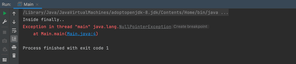 Java exception try finally