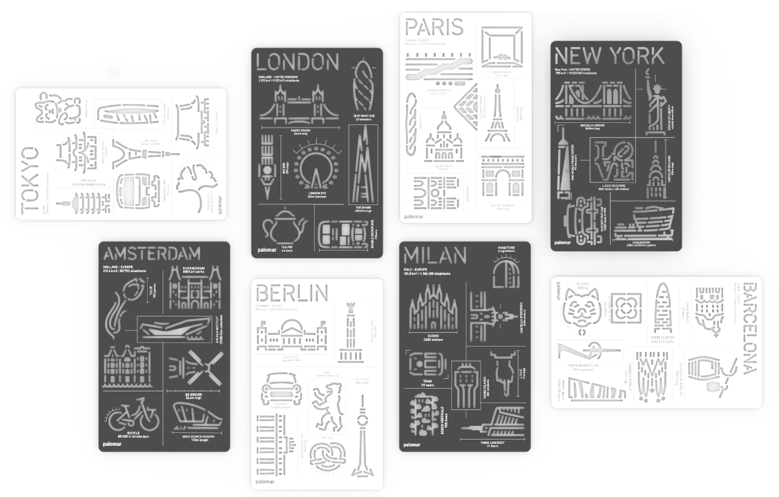 black and white photo of stencil cards for cities around the world