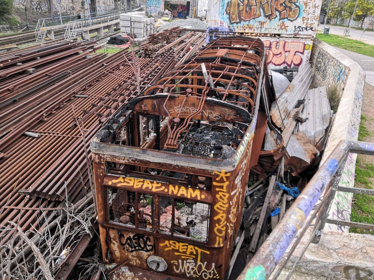 Burned rusting train wagon