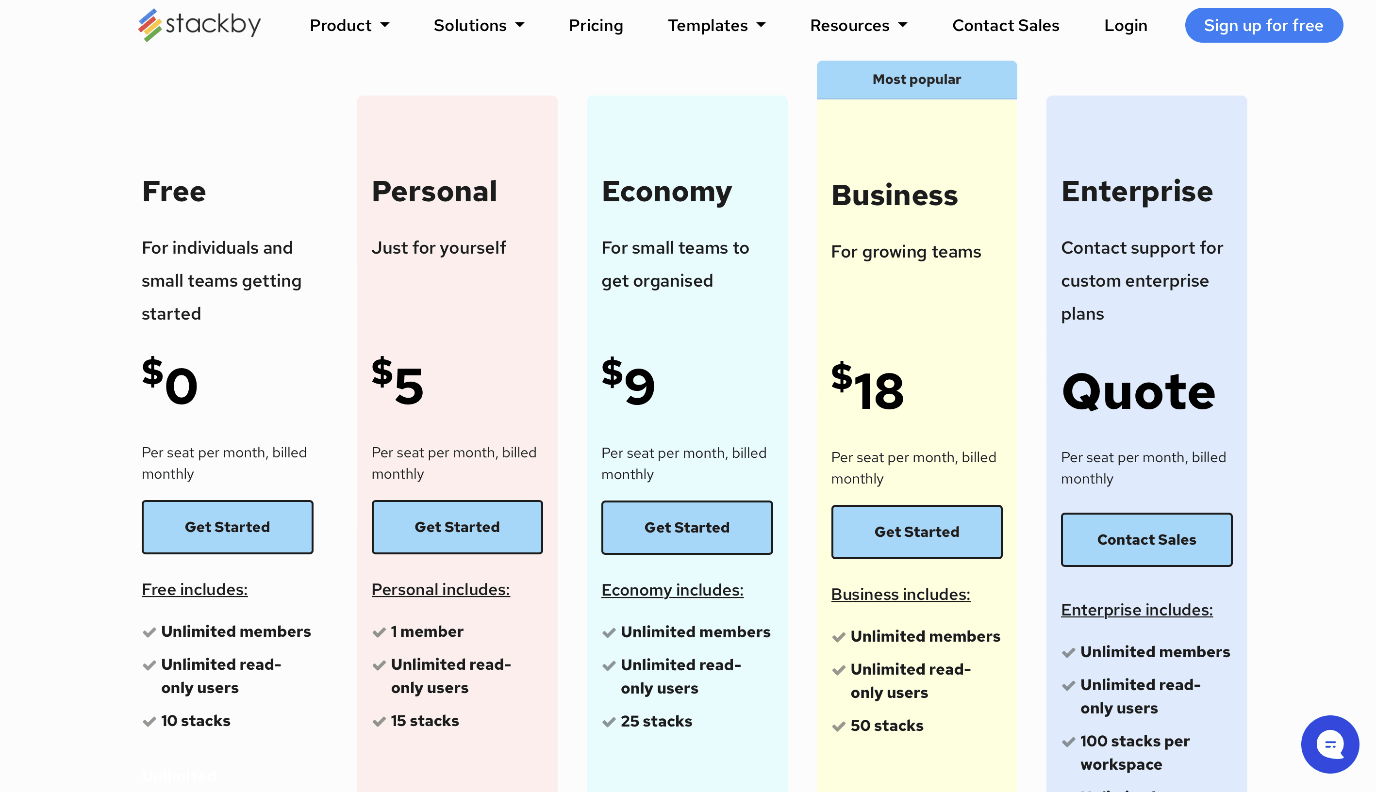 Screenshot of Stackby pricing page