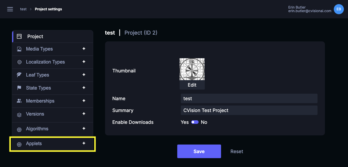 Screenshot of cog icon next to project name
