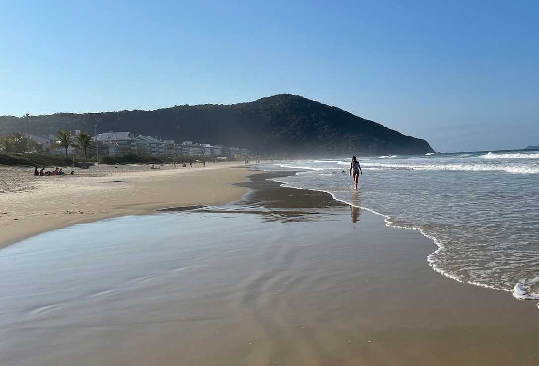 Vista da extensão da praia brava com faixa de areia molhada e céu azul