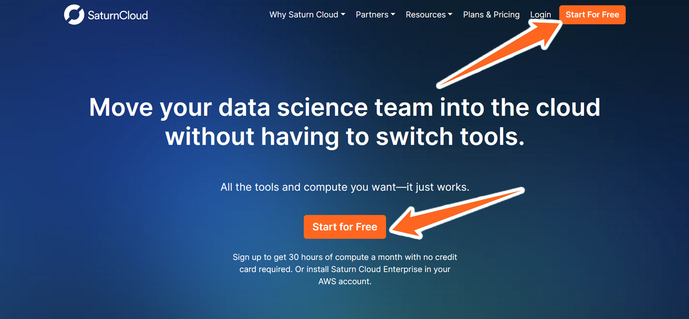 Saturn Cloud homepage with arrows pointing to &ldquo;Start for Free&rdquo;