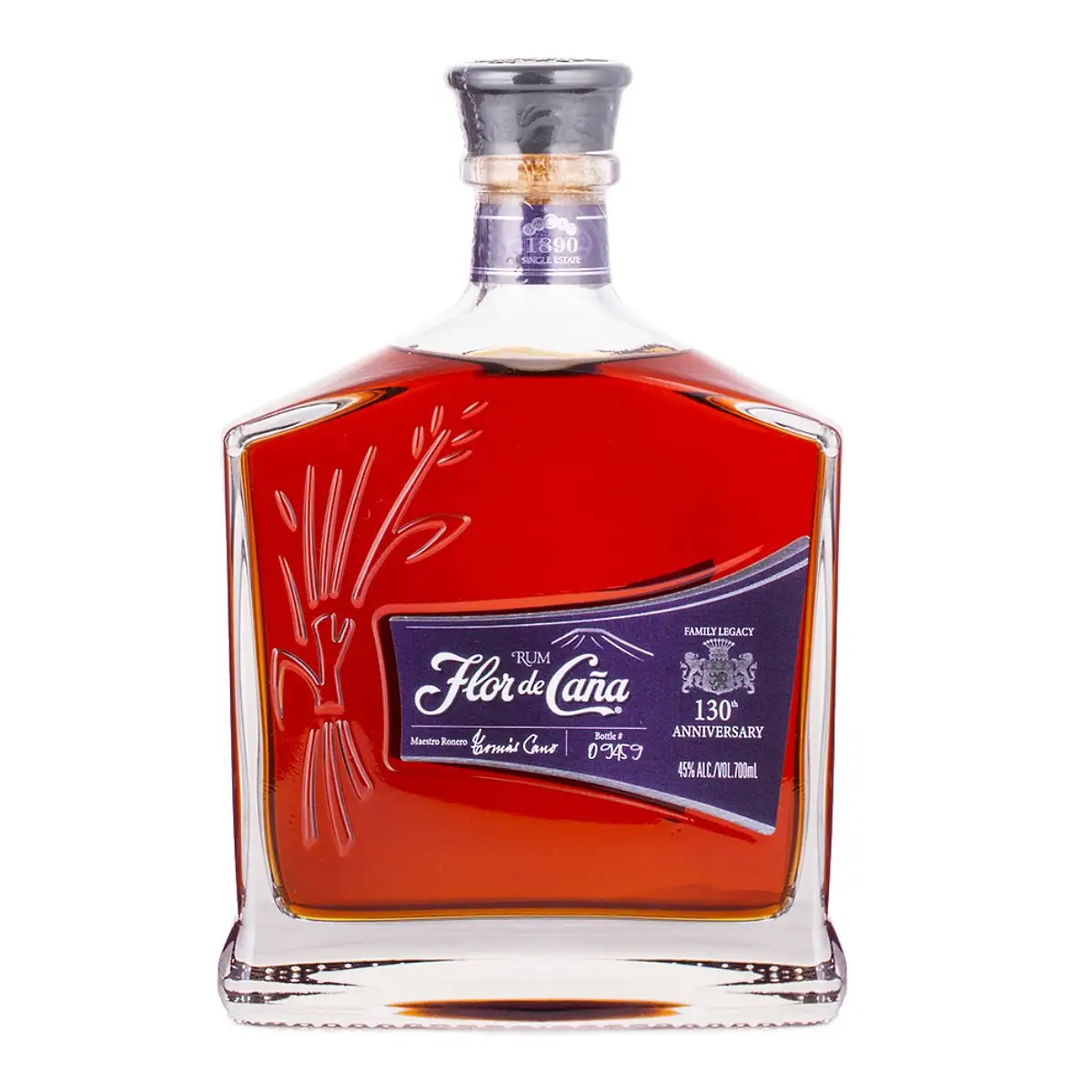 Image of the front of the bottle of the rum Flor de Caña 130th Anniversary