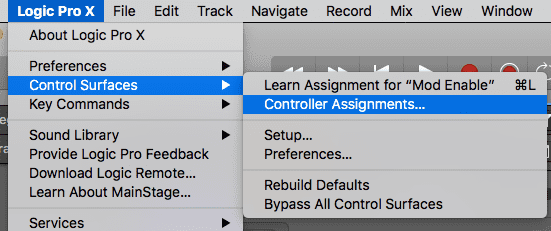 Open menu for the control surfaces in logic