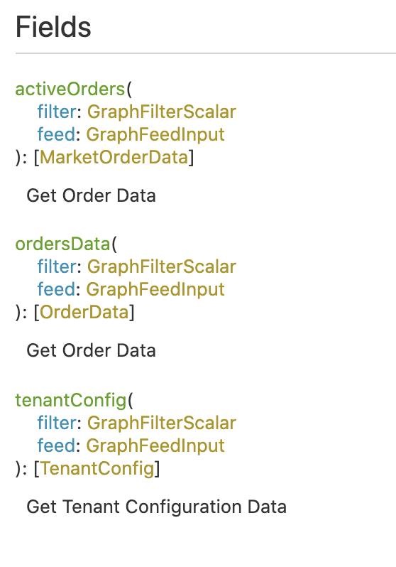 Screenshot einer automatisch generierten Doku für die Endpunkte 'activeOrders', 'ordersData' und 'tenantConfig'.