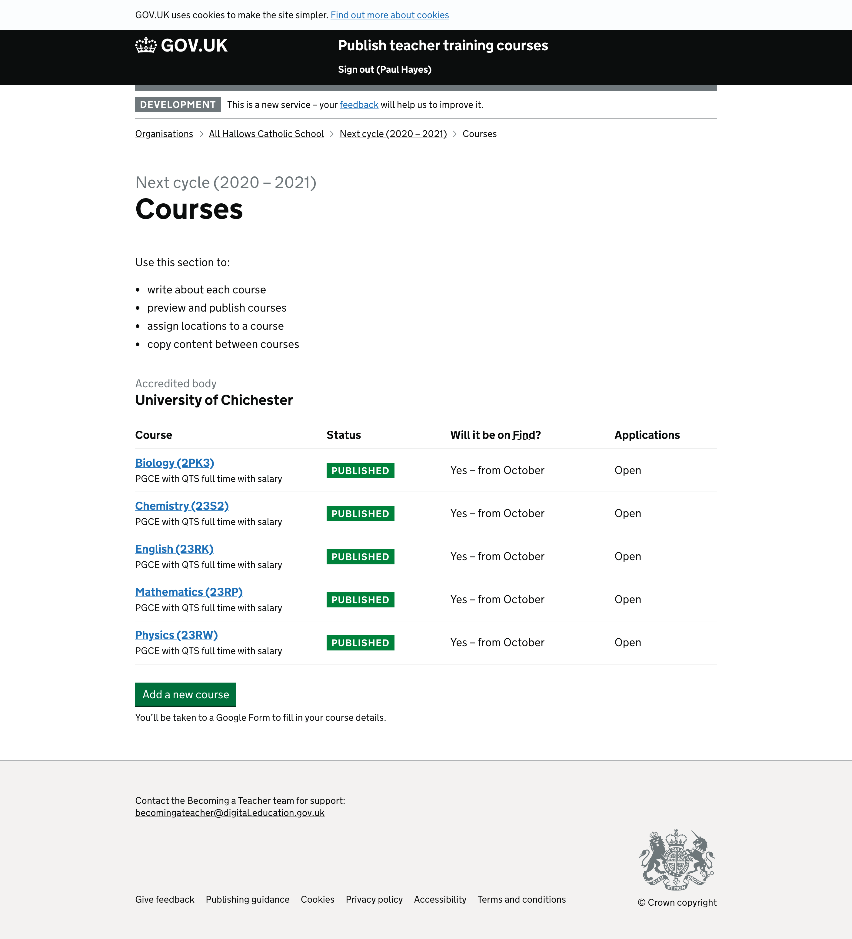 Screenshot of Courses for next cycle