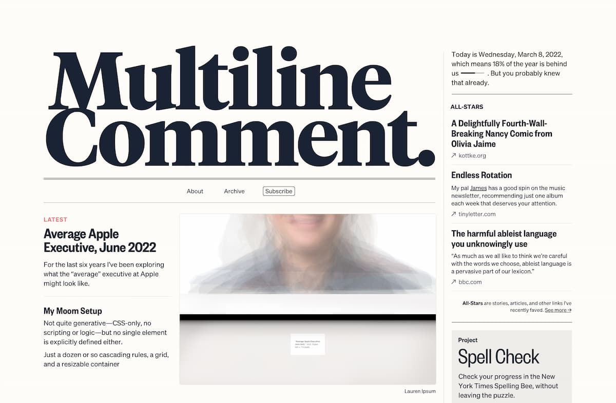 Redesign of Multiline Comment's homepage, featuring a newspaper-style layout and a VERY large logotype