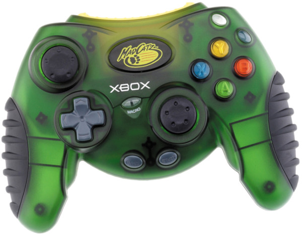 An image of a third-party controller for the Xbox console, manufactured by MadCatz. Specific to this controller is a green semi-transparent body and fins on the outer edges of the controller - used for keeping your palms from getting sweaty